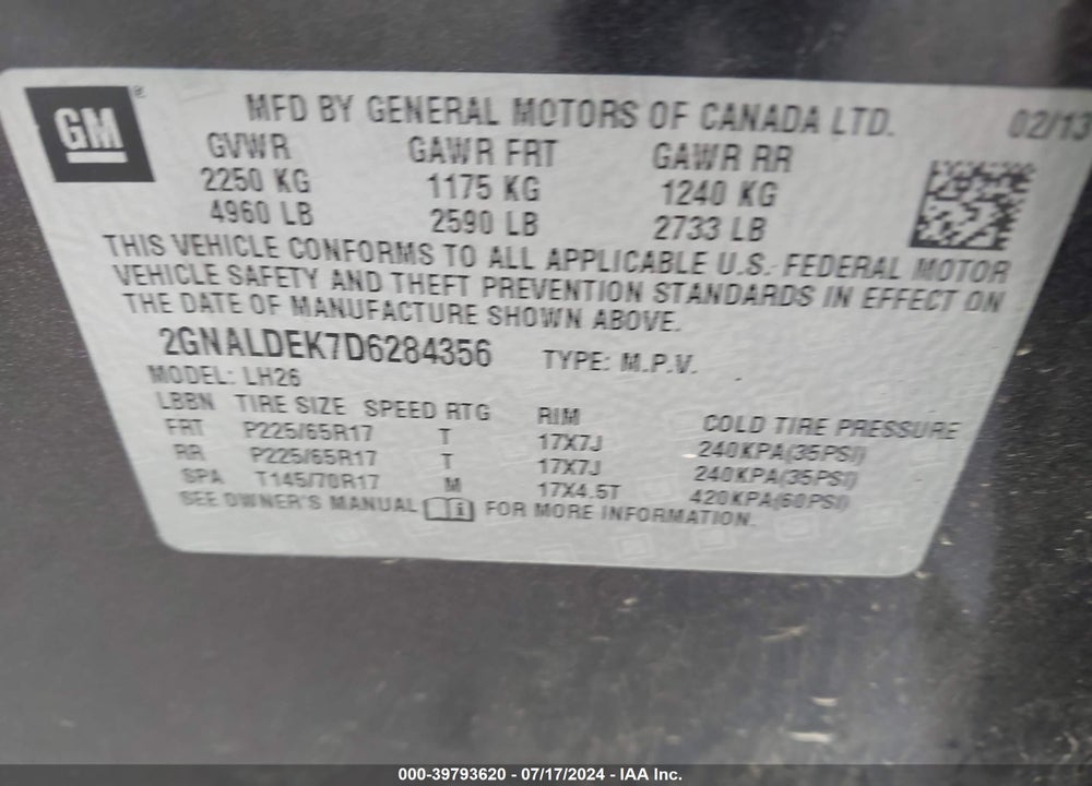 2013 CHEVROLET EQUINOX 1LT VIN: 2GNALDEK7D6284356