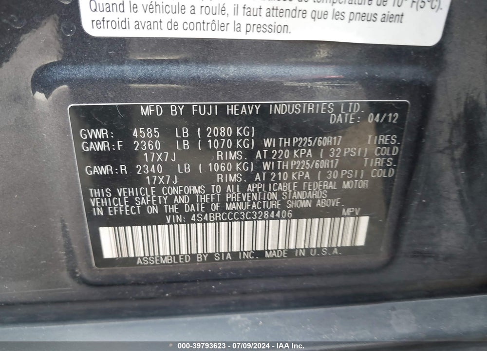 2012 SUBARU OUTBACK 2.5I PREMIUM VIN: 4S4BRCCC3C3284406