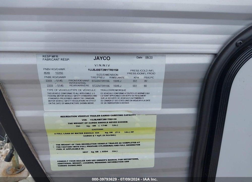 2021 JAYCO JAYFL184BH VIN: 1UJBJ0BT2M1TR0158