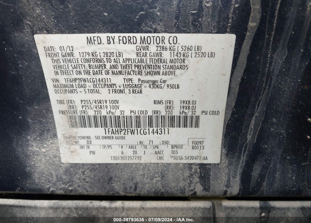 2012 FORD TAURUS LIMITED VIN: 1FAHP2FW1CG144311