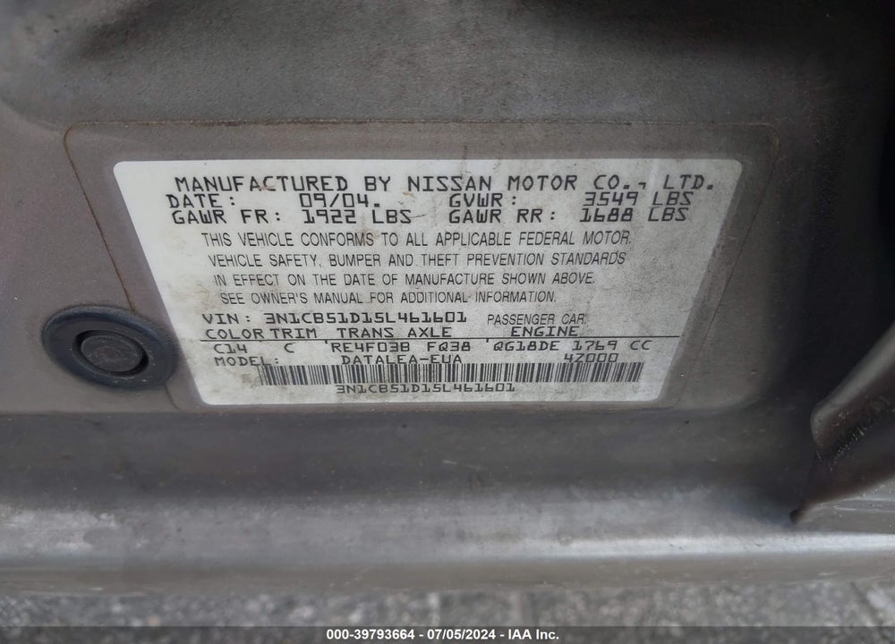 2005 NISSAN SENTRA 1.8S VIN: 3N1CB51D15L461601