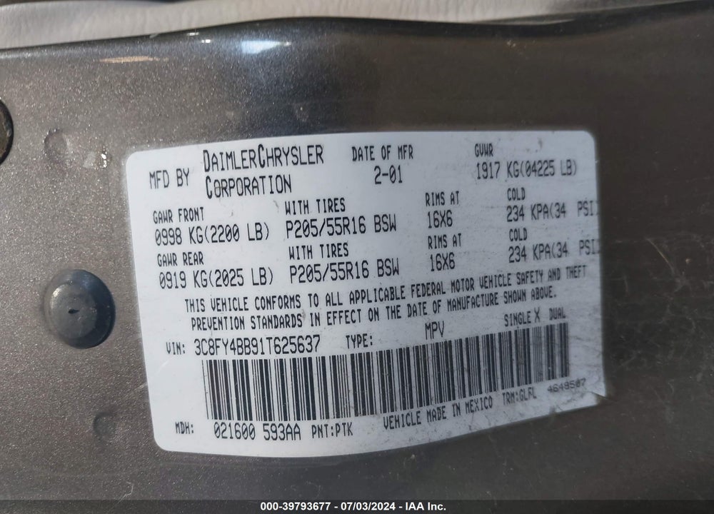 2001 CHRYSLER PT CRUISER VIN: 3C8FY4BB91T625637