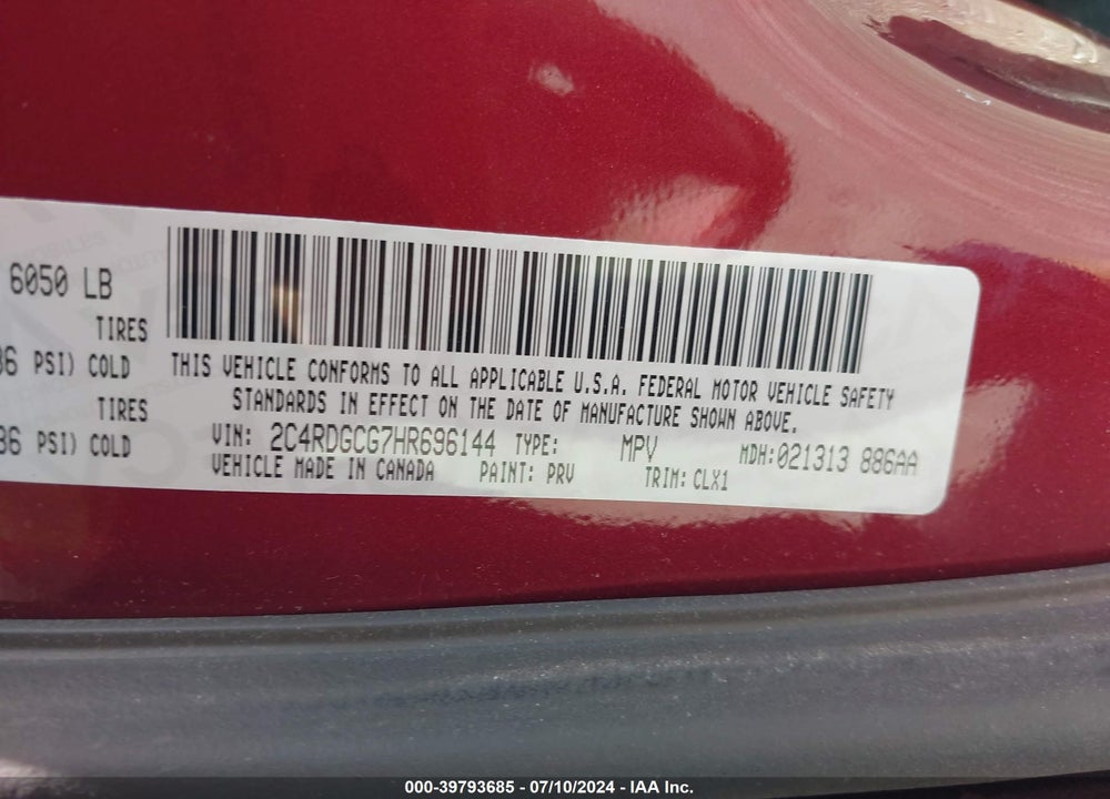 2017 DODGE GRAND CARAVAN SXT VIN: 2C4RDGCG7HR696144