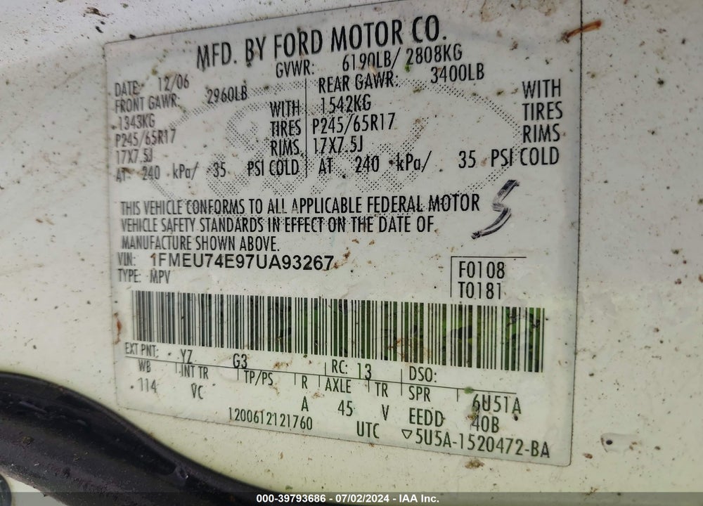 2007 FORD EXPLORER EDDIE BAUER VIN: 1FMEU74E97UA93267