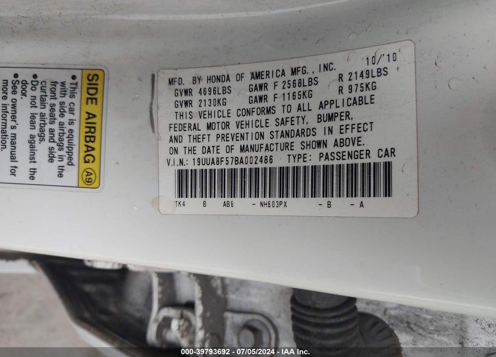 2011 ACURA TL 3.5 VIN: 19UUA8F57BA002486