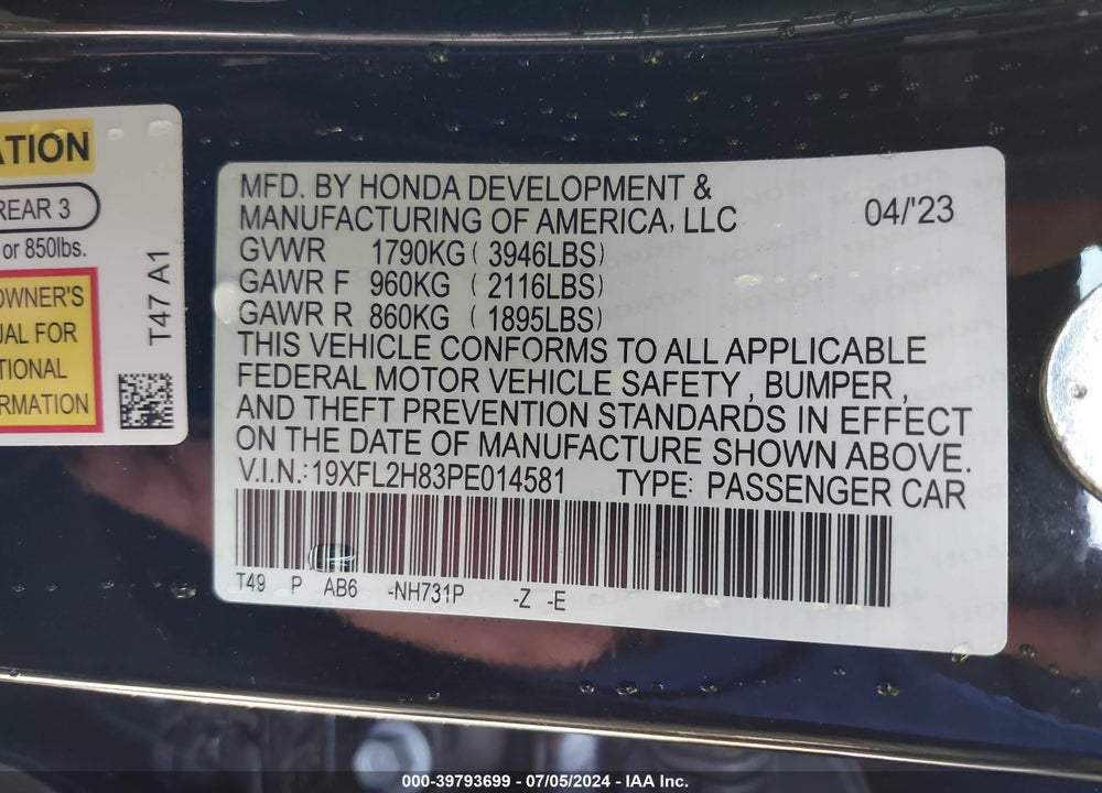 2023 HONDA CIVIC SPORT VIN: 19XFL2H83PE014581