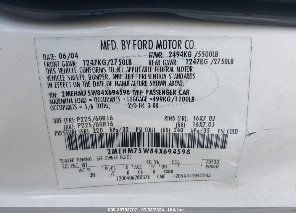 2004 MERCURY GRAND MARQUIS LS VIN: 2MEHM75W84X694598