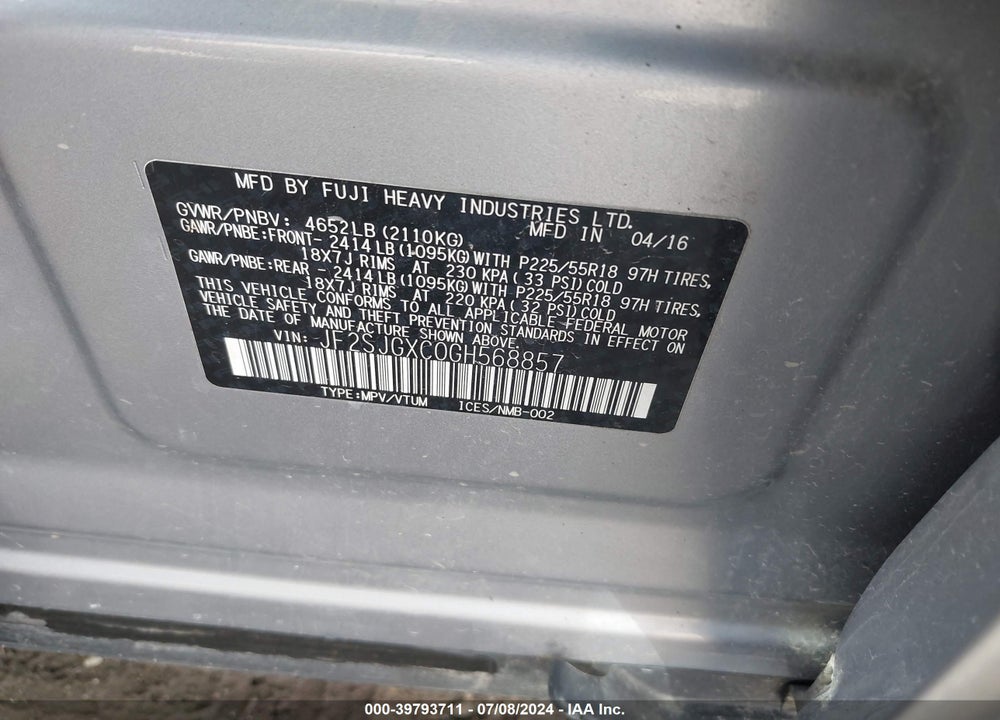 2016 SUBARU FORESTER 2.0XT TOURING VIN: JF2SJGXC0GH568857