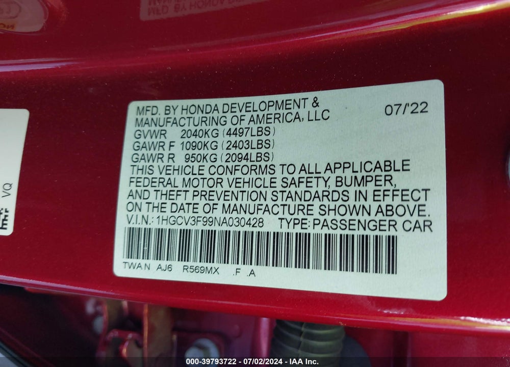 2022 HONDA ACCORD HYBRID TOURING VIN: 1HGCV3F99NA030428