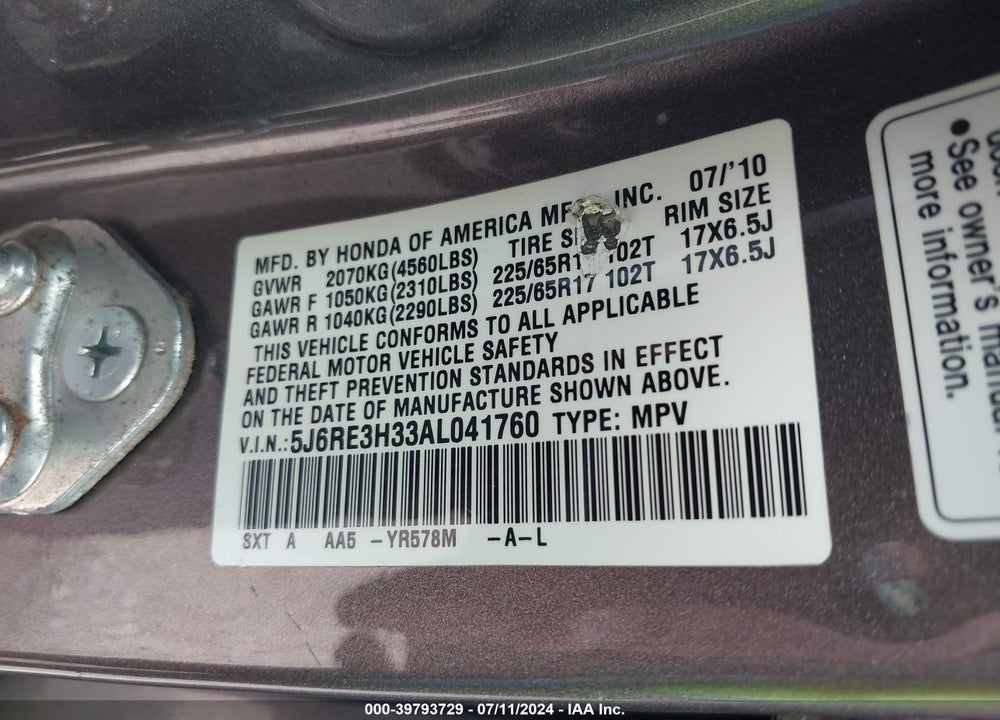 2010 HONDA CR-V VIN: 5J6RE3H33AL041760