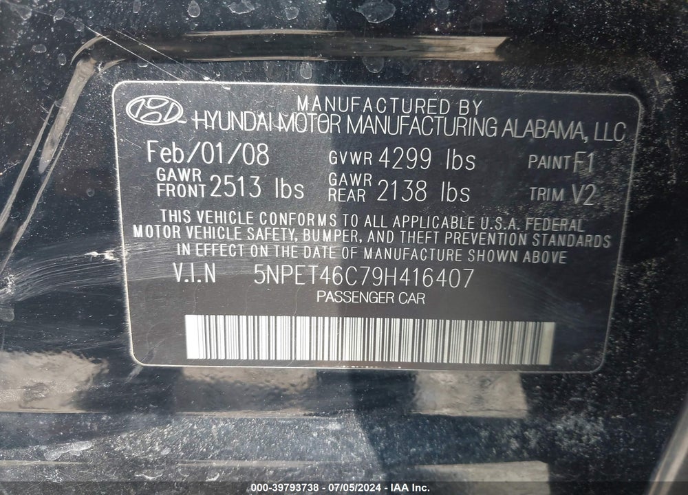 2009 HYUNDAI SONATA GLS VIN: 5NPET46C79H416407