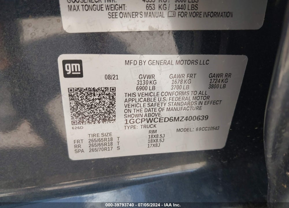 2021 CHEVROLET SILVERADO 1500 2WD SHORT BED LT VIN: 1GCPWCED6MZ400639