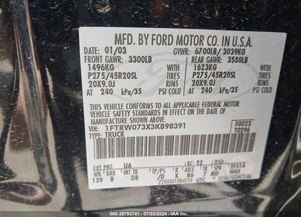 2003 FORD F-150 LARIAT VIN: 1FTRW073X3KB98391