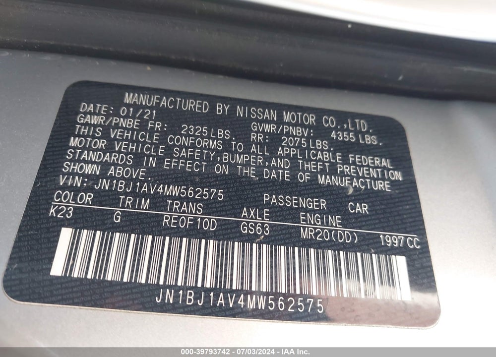 2021 NISSAN ROGUE SPORT S FWD XTRONIC CVT VIN: JN1BJ1AV4MW562575