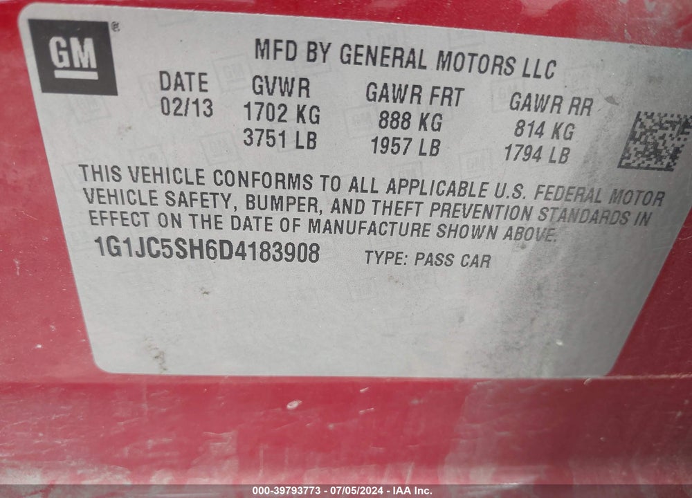 2013 CHEVROLET SONIC LT AUTO VIN: 1G1JC5SH6D4183908