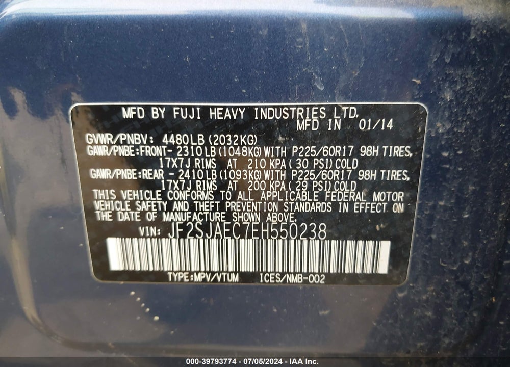 2014 SUBARU FORESTER 2.5I PREMIUM VIN: JF2SJAEC7EH550238
