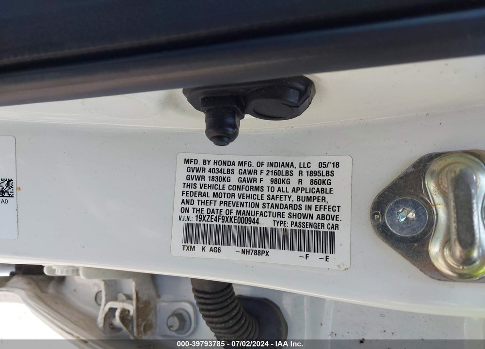 2019 HONDA INSIGHT TOURING VIN: 19XZE4F9XKE000944