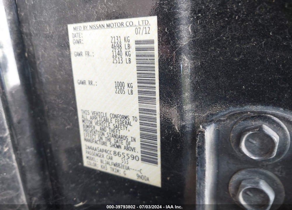 2012 NISSAN MAXIMA 3.5 SV VIN: 1N4AA5AP4CC865590