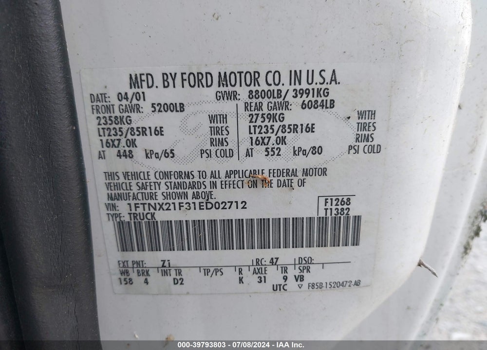 2001 FORD F-250 LARIAT/XL/XLT VIN: 1FTNX21F31ED02712
