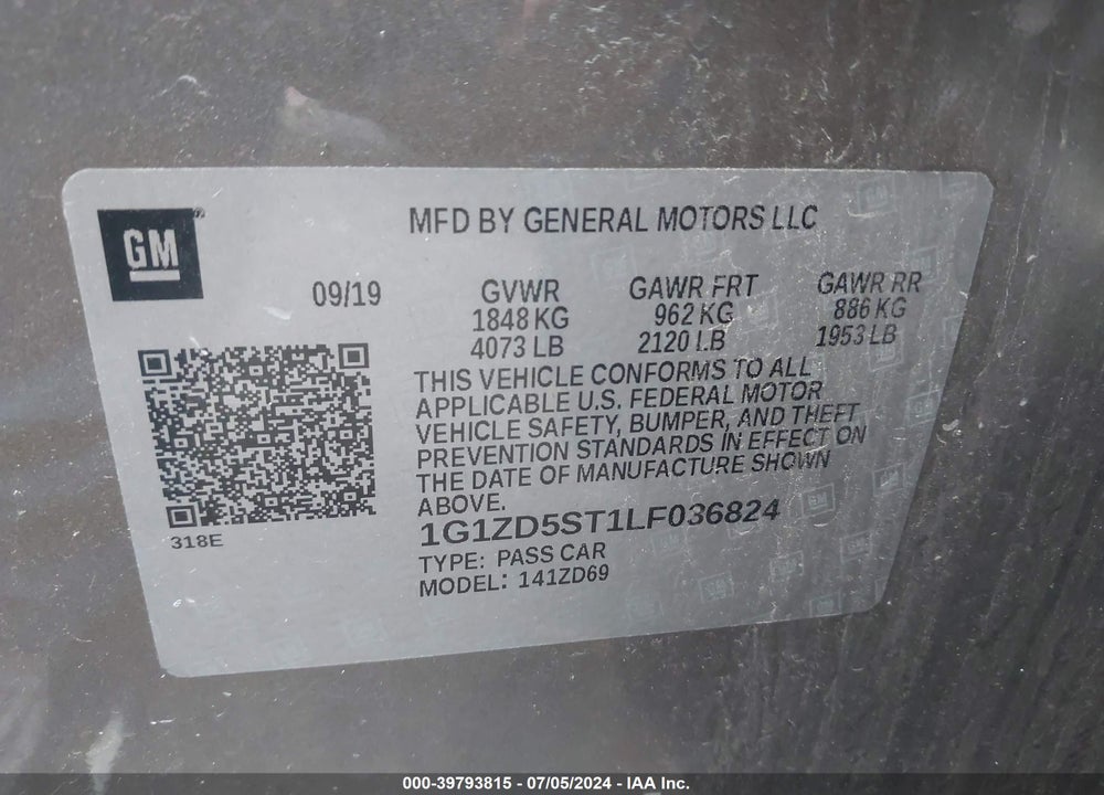 2020 CHEVROLET MALIBU FWD LT VIN: 1G1ZD5ST1LF036824