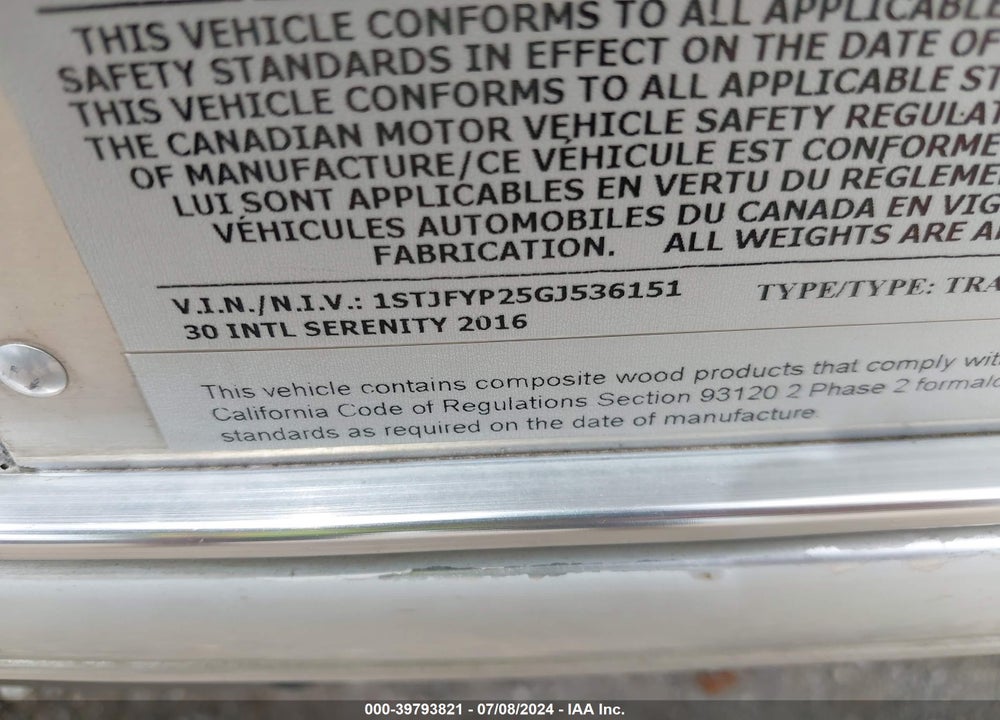 2016 AIRSTREAM INTERNATIONAL SERENITY 30 VIN: 1STJFYP25GJ536151