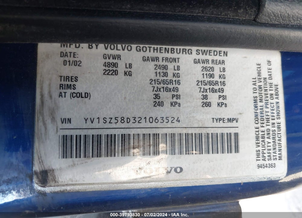 2002 VOLVO V70 XC VIN: YV1SZ58D321063524