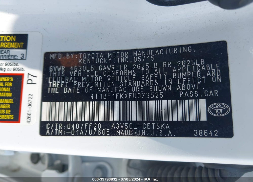 2015 TOYOTA CAMRY SE VIN: 4T1BF1FKXFU073525