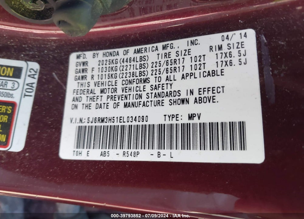 2014 HONDA CR-V EX VIN: 5J6RM3H51EL034090