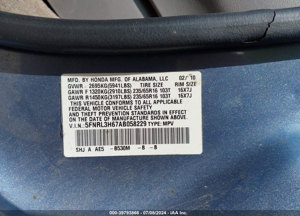 2010 HONDA ODYSSEY EX-L VIN: 5FNRL3H67AB058229