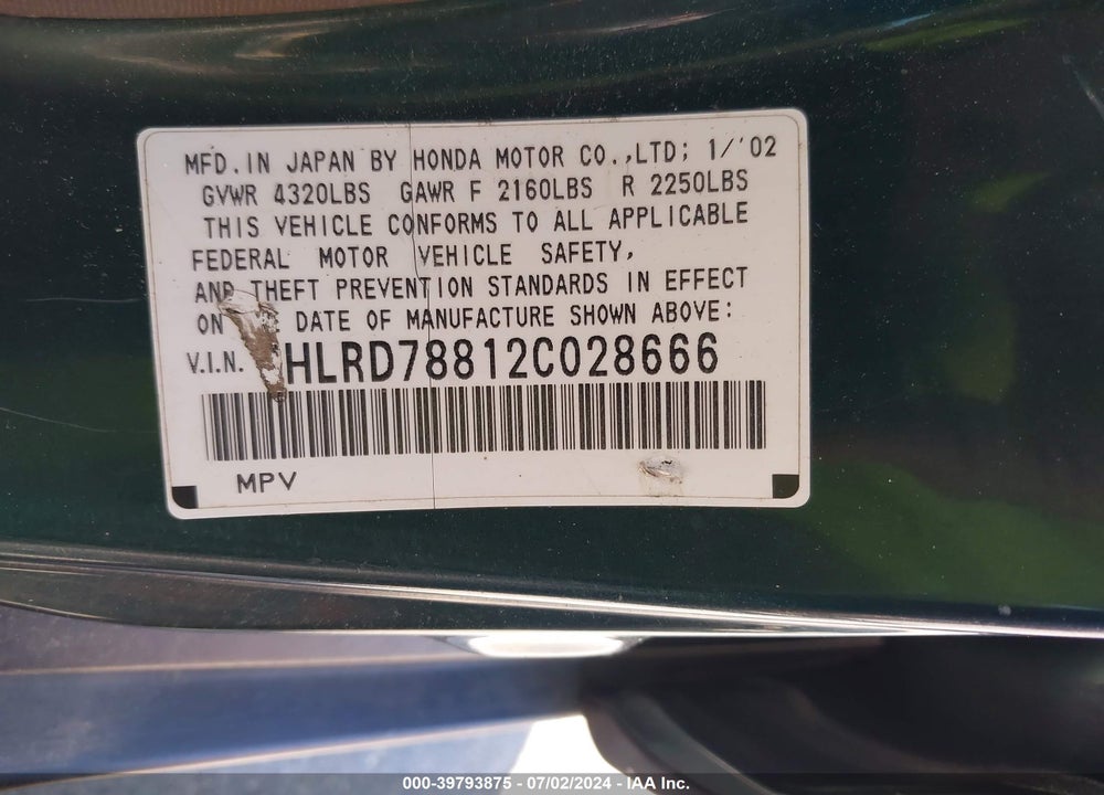 2002 HONDA CR-V EX VIN: JHLRD78812C028666