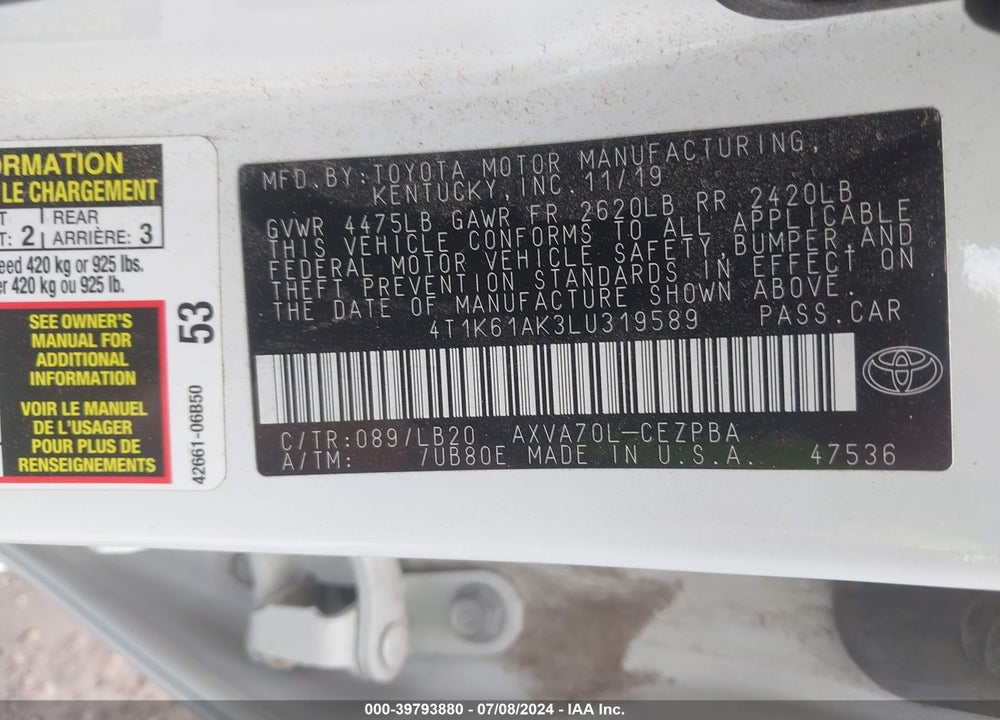 2020 TOYOTA CAMRY XSE VIN: 4T1K61AK3LU319589