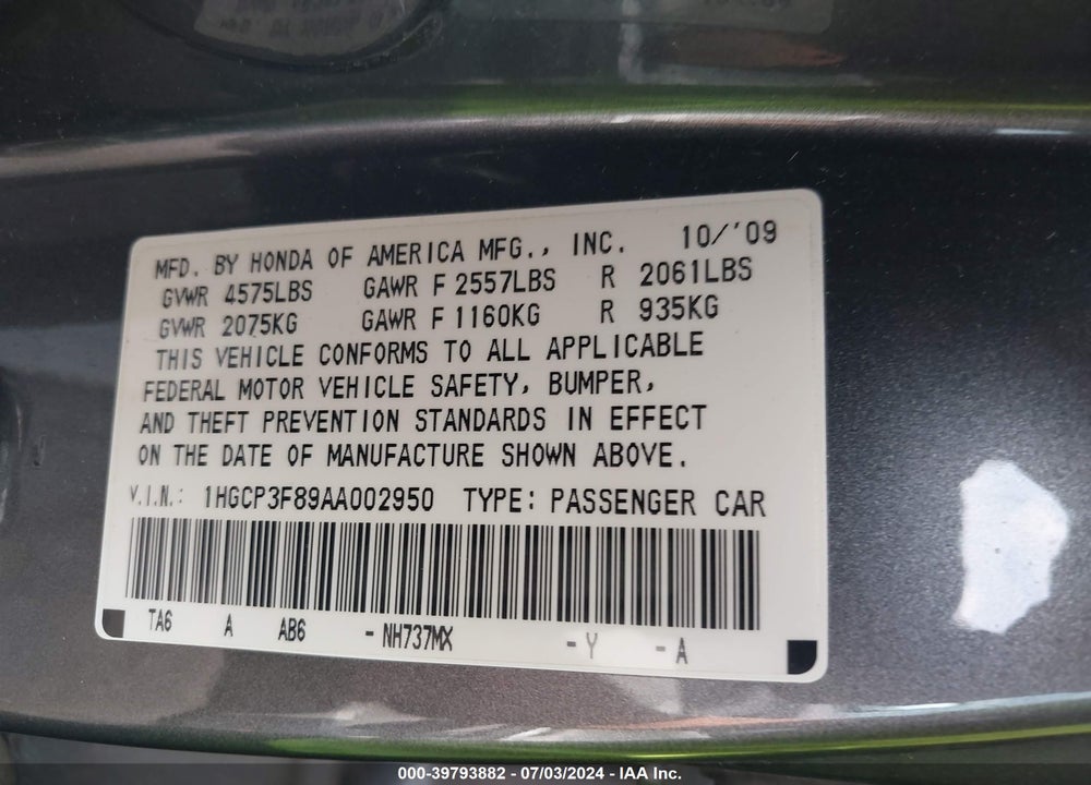 2010 HONDA ACCORD 3.5 EX-L VIN: 1HGCP3F89AA002950