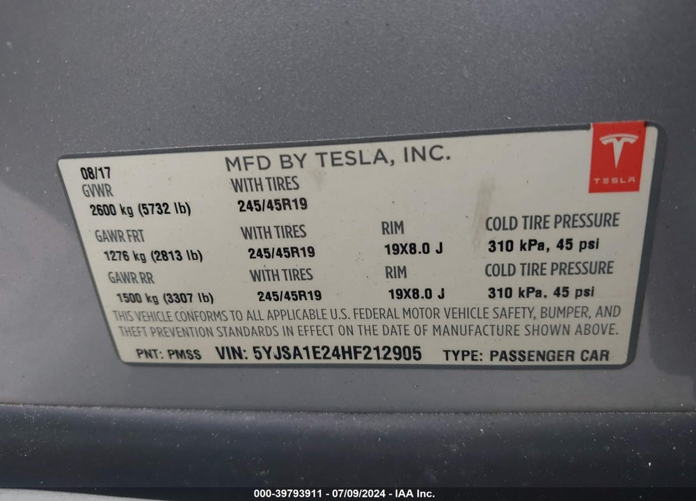 2017 TESLA MODEL S 100D/60D/75D/90D/P100D VIN: 5YJSA1E24HF212905