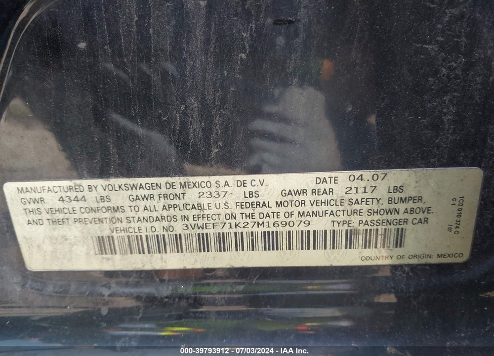 2007 VOLKSWAGEN JETTA VIN: 3VWEF71K27M169079
