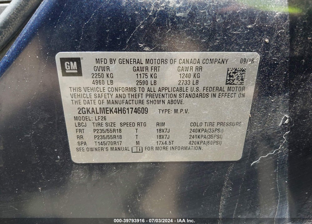 2017 GMC TERRAIN SLE-1 VIN: 2GKALMEK4H6174609