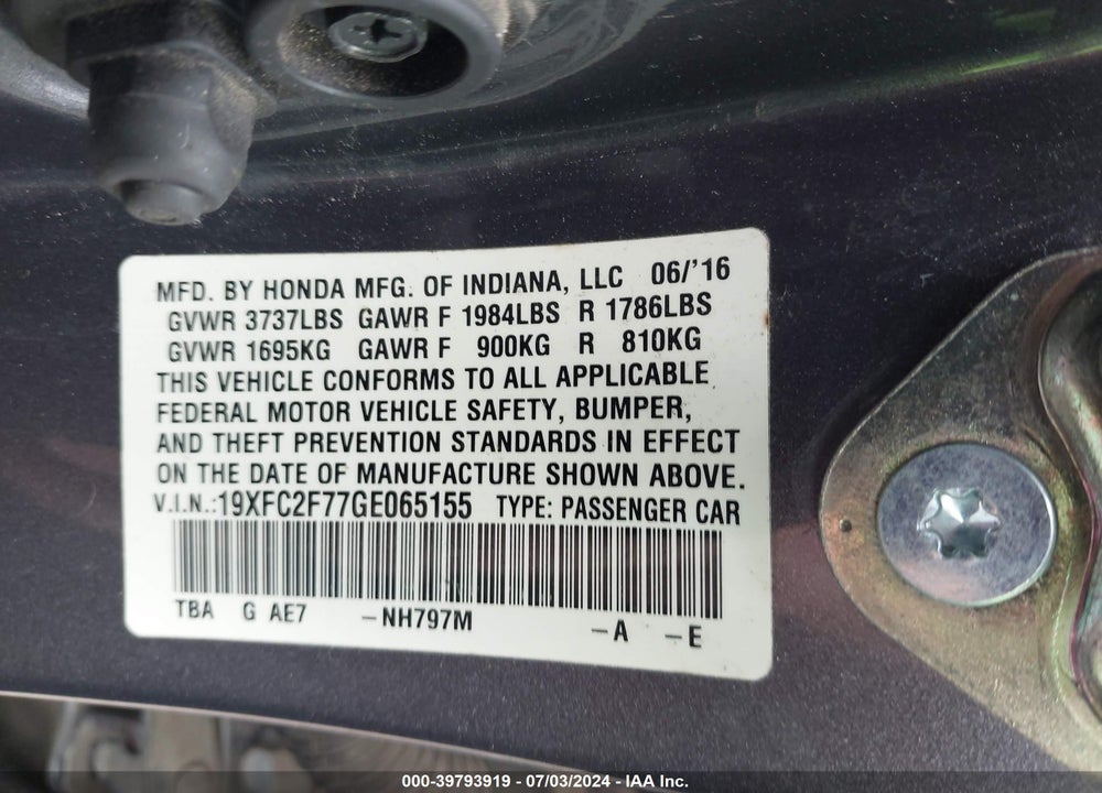 2016 HONDA CIVIC EX VIN: 19XFC2F77GE065155