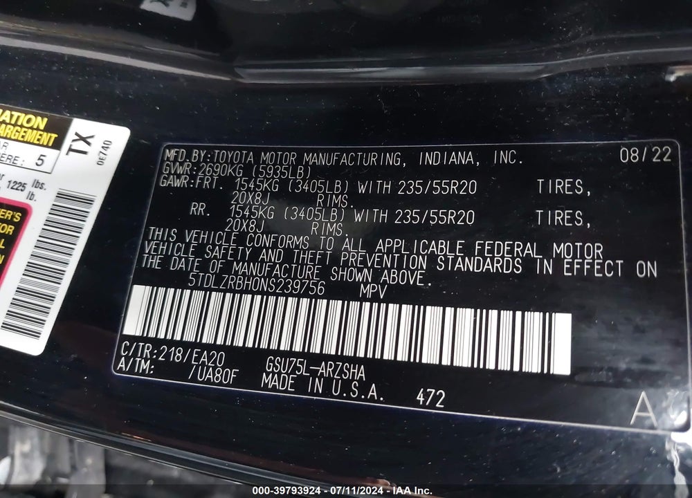 2022 TOYOTA HIGHLANDER XSE VIN: 5TDLZRBH0NS239756
