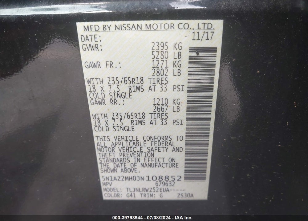 2018 NISSAN MURANO SL VIN: 5N1AZ2MH0JN108852