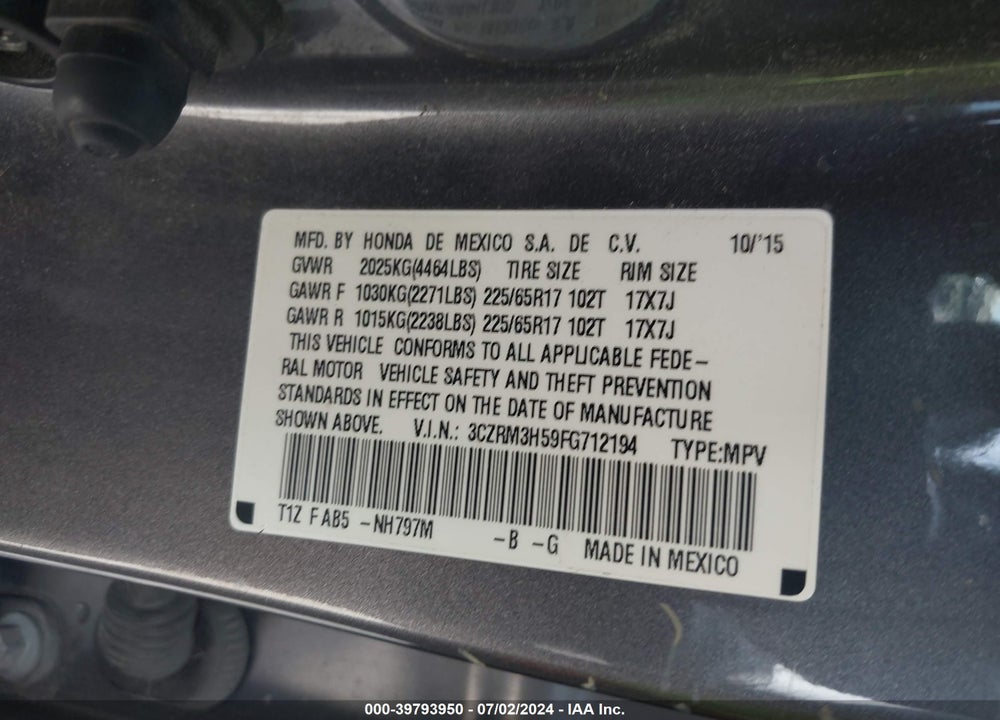 2015 HONDA CR-V EX VIN: 3CZRM3H59FG712194