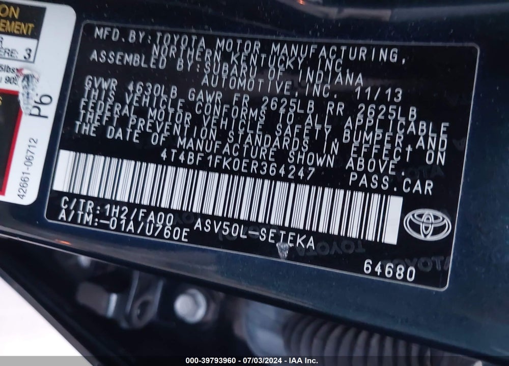 2014 TOYOTA CAMRY L VIN: 4T4BF1FK0ER364247