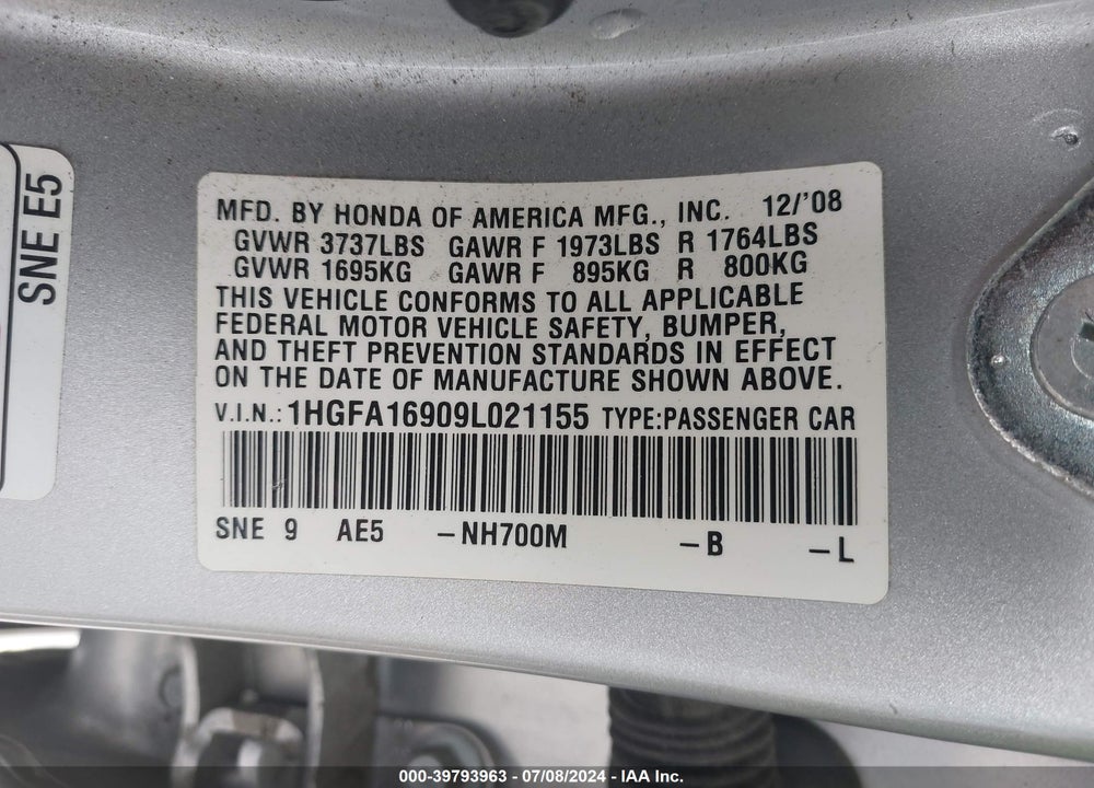 2009 HONDA CIVIC EX-L VIN: 1HGFA16909L021155