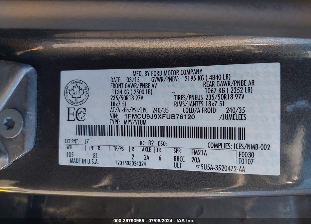 2015 FORD ESCAPE TITANIUM VIN: 1FMCU9J9XFUB76120
