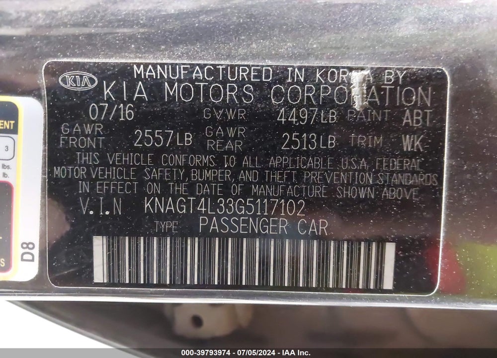 2016 KIA OPTIMA LX VIN: KNAGT4L33G5117102