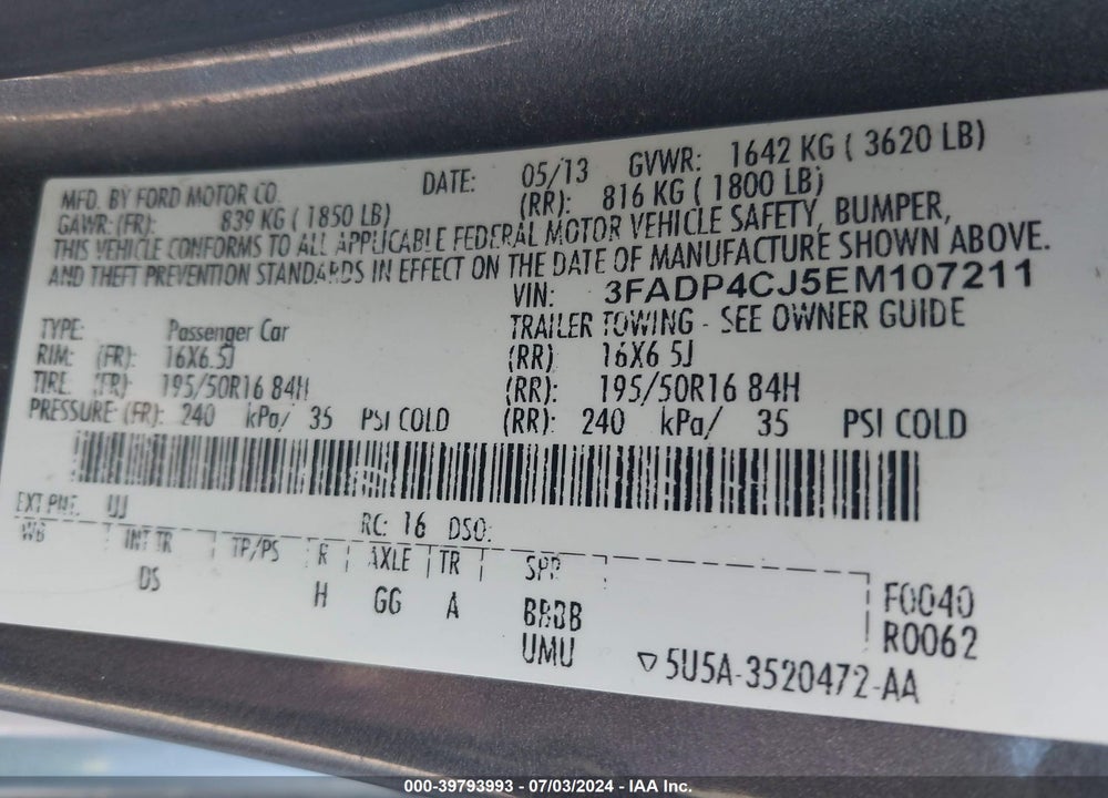 2014 FORD FIESTA TITANIUM VIN: 3FADP4CJ5EM107211