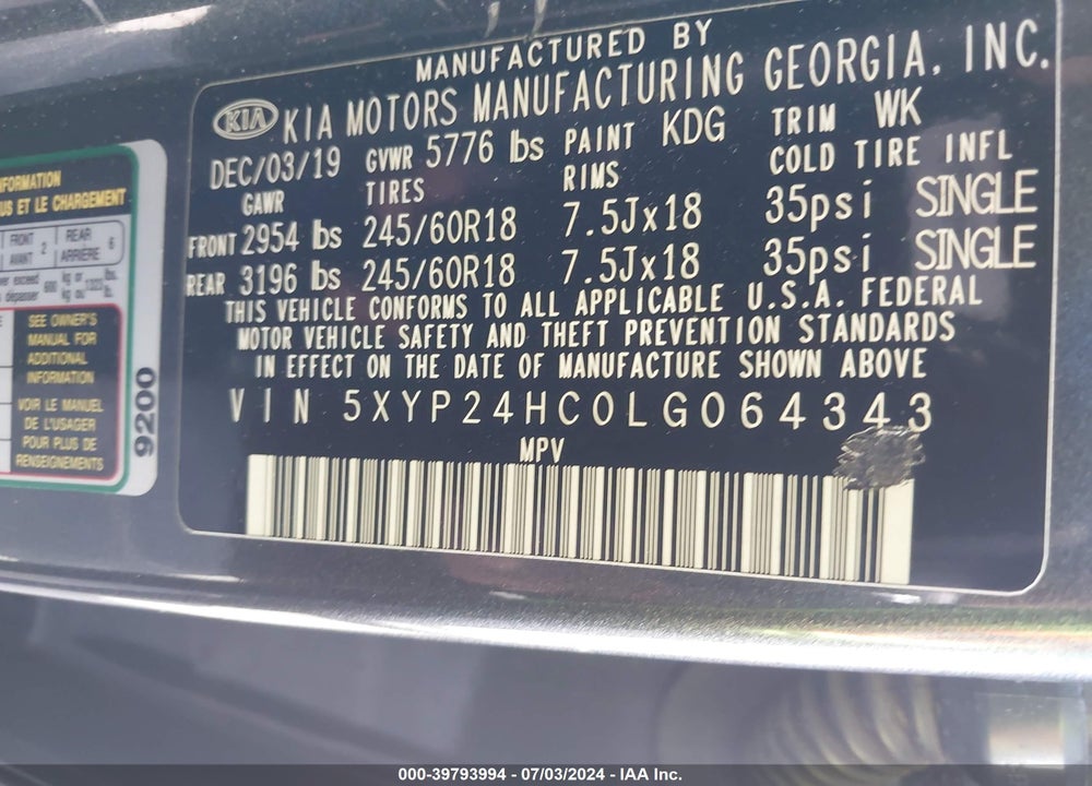 2020 KIA TELLURIDE LX VIN: 5XYP24HC0LG064343