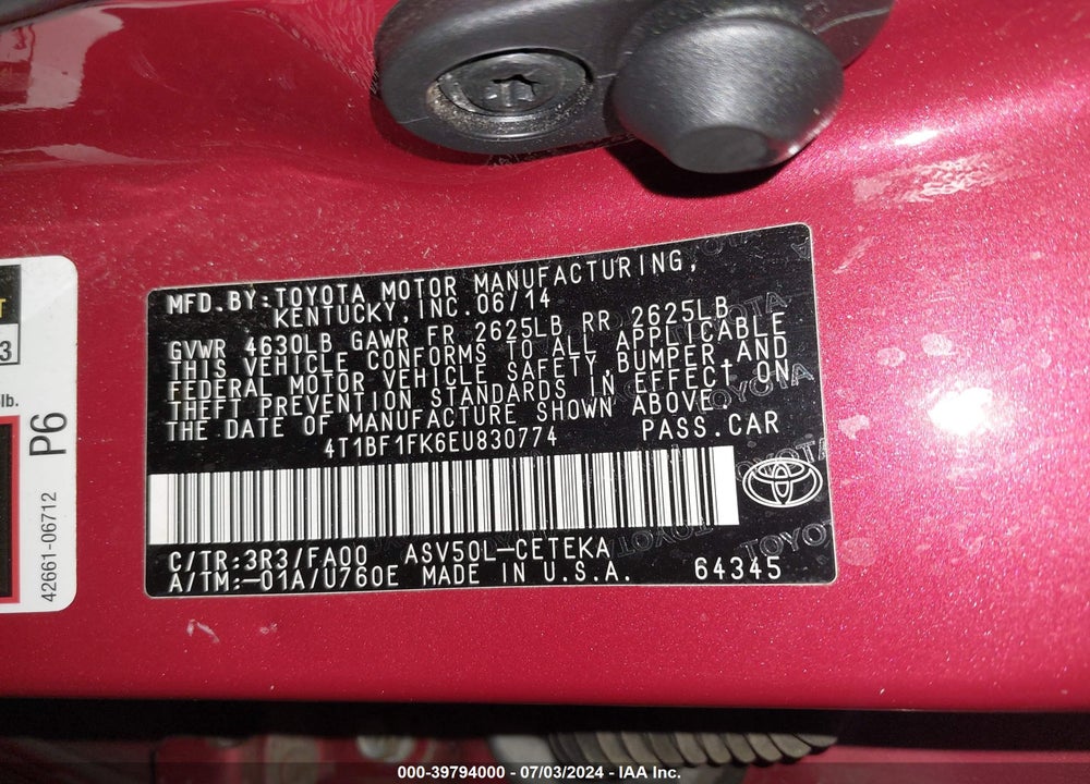 2014 TOYOTA CAMRY VIN: 4T1BF1FK6EU830774