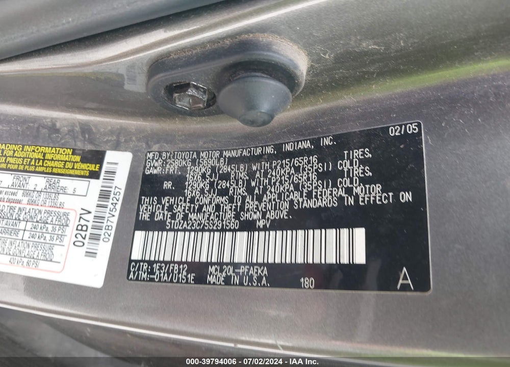 2005 TOYOTA SIENNA LE VIN: 5TDZA23C75S291560