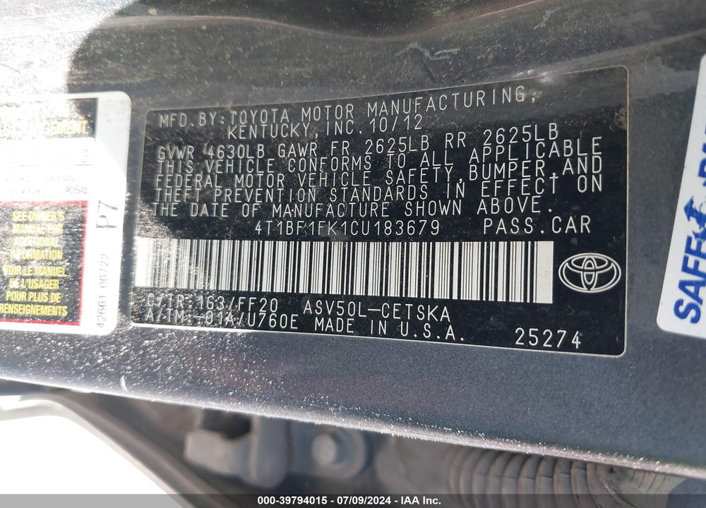 2012 TOYOTA CAMRY SE VIN: 4T1BF1FK1CU183679