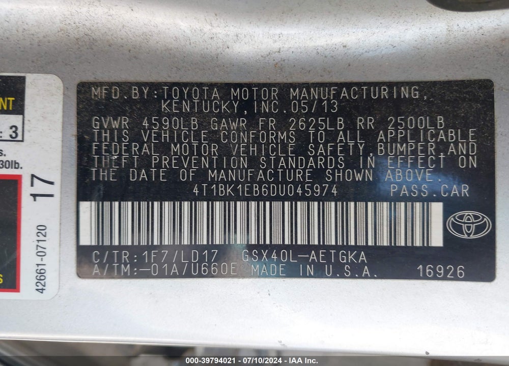 2013 TOYOTA AVALON XLE VIN: 4T1BK1EB6DU045974