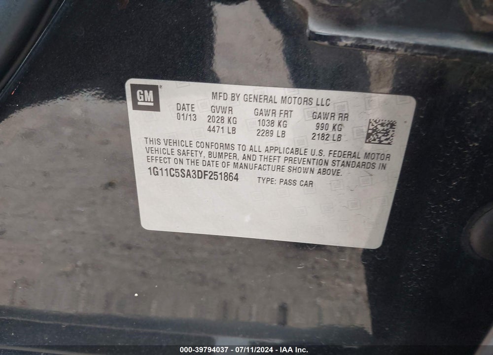 2013 CHEVROLET MALIBU 1LT VIN: 1G11C5SA3DF251864